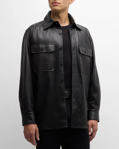 Saint Laurent Men's 2-pocket Leather Overshirt In Nero