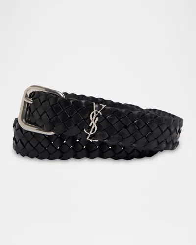 Saint Laurent Men & Apos;s Cassandre Ysl Woven Leather Belt In Black