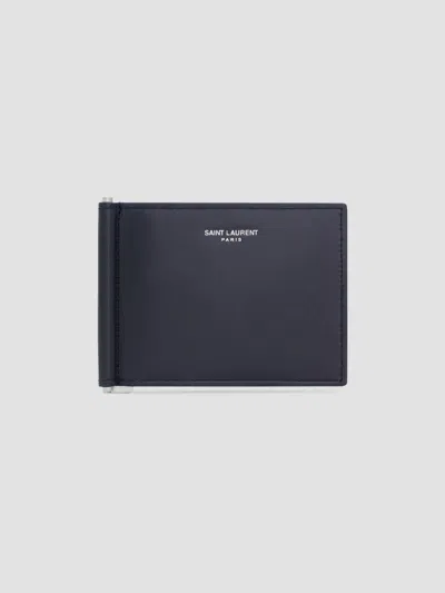Saint Laurent Men's Bill Clip Wallet In Smooth Leather In Blue