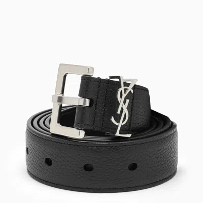 Saint Laurent Men's Black Cassandre Belt In Grained Leather