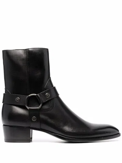 Saint Laurent Men's Black Leather Ankle Boots With Harness Detail