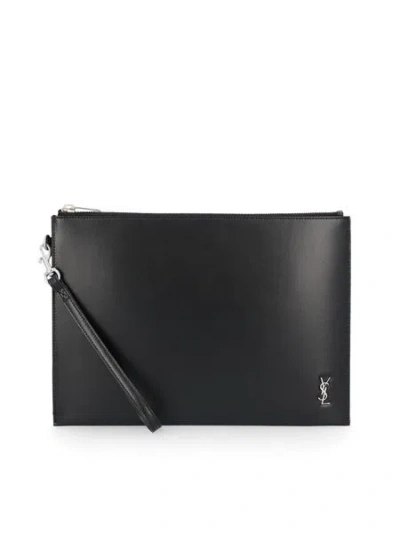 Saint Laurent Mini Leather Monogram Clutch Handbag In Black