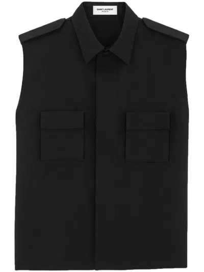 Saint Laurent Men's Black Sleeveless Wool Blend Shirt With Classic Collar And Concealed Fastening In Blue