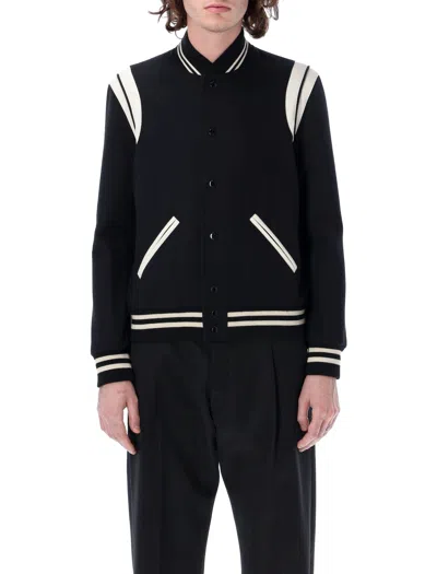 Saint Laurent Men's Black Teddy Jacket With Leather Trim, Striped Ribbed Collar, And Front Snap Button Closure