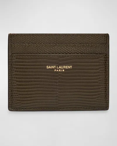 Saint Laurent Men's Card Holder In Lizard-effect Leather In Brown