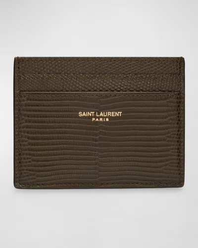 Saint Laurent Men's Card Holder In Lizard-effect Leather In Poisongrn