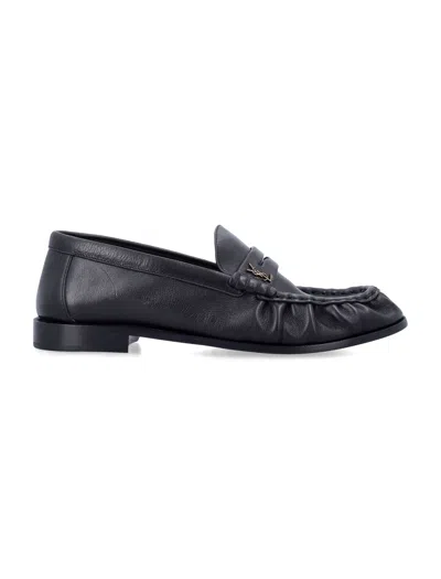 Saint Laurent Men's Cassandre Calfskin Loafers With Hand-stitched Moc Toe And Brass Detail In Blue
