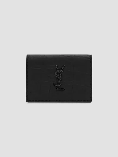 Saint Laurent Men's Cassandre Card Case In Crocodile-embossed Leather In Black