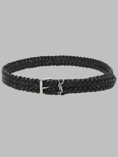 Saint Laurent Men's Cassandre Intrecciata Leather Belt In Black
