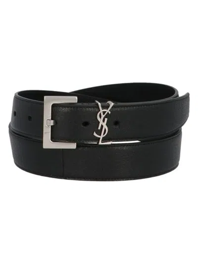 Saint Laurent Men's Cassandre Leather Belt In Black