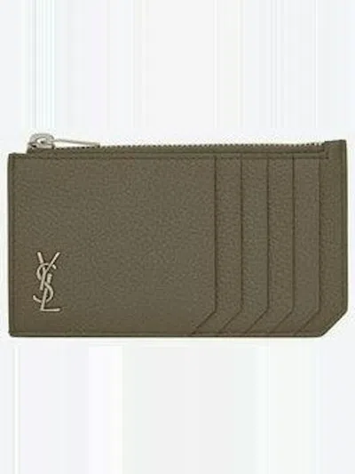 Saint Laurent Men's Cassandre Logo Plaque Cardholder In Kaki Fonce
