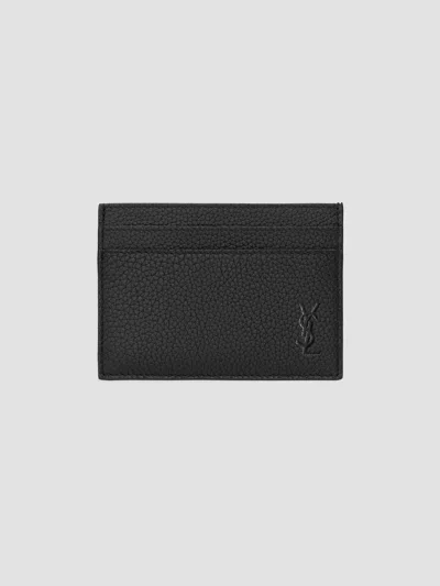 Saint Laurent Men's Cassandre Shadow Card Case In Grained Leather In Blue