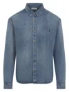 Saint Laurent Blue Long Sleeves Logo Denim Shirt In Blue