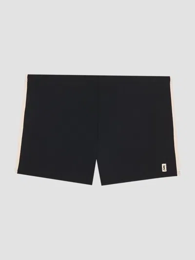 Saint Laurent Contrasting Side-piped Pants With Embroidered Patch Detail And Elastic Waist In Black