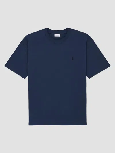 Saint Laurent Tonal Cassandre Chest Embroidered Crewneck T-shirt In Blue