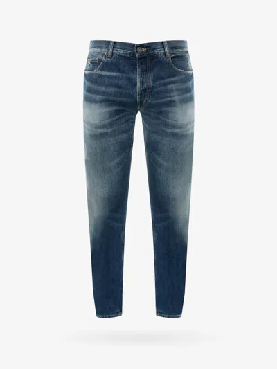 Saint Laurent Men Cotton Jeans With Back Logo Patch In Blue