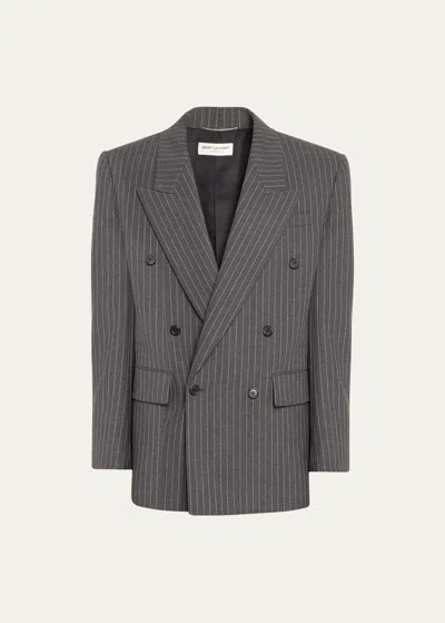 Saint Laurent Men's Double-breasted Pinstripe Sport Coat In Opt.wht