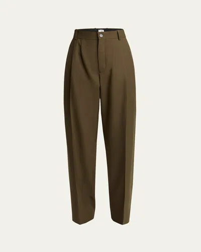 Saint Laurent Men's Double-pleated Baggy Pants In Kaki