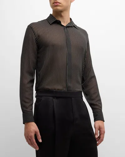 SAINT LAURENT MEN'S GEORGETTE PINSTRIPE SHIRT