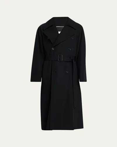 Saint Laurent Men's Grain De Poudre Belted Trench Coat In Black