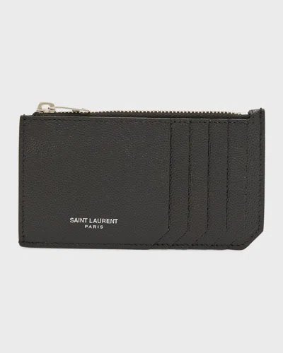 Saint Laurent Men's Grain De Poudre Leather Zip Card Holder In Nero