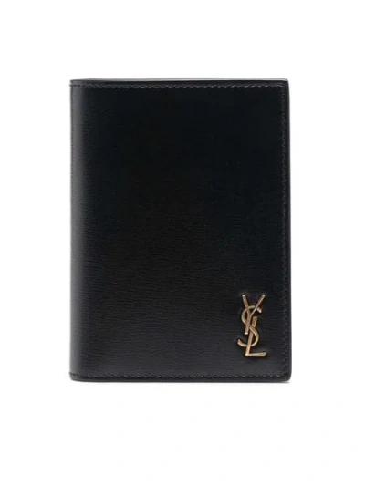 Saint Laurent Men's Grained Logo Plaque Wallet In Black