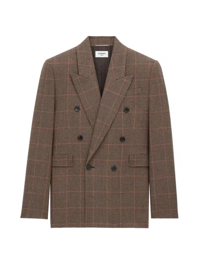 Saint Laurent Men's Jacket In Prince Of Wales Wool In Brown