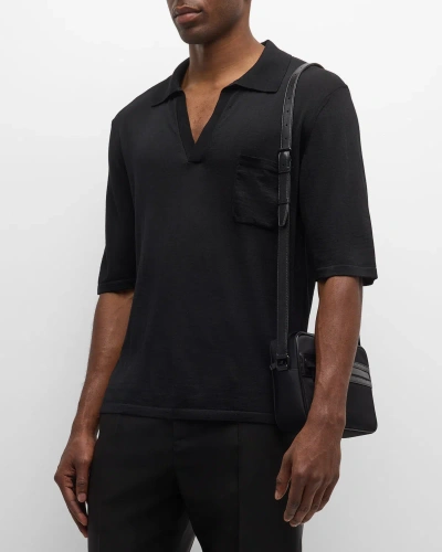 Saint Laurent Men's Johnny-collar Knit Polo Shirt In Black-rame