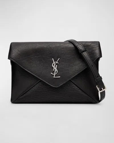 Saint Laurent Men's Large Ysl Pouch On Strap In Leather In Nero