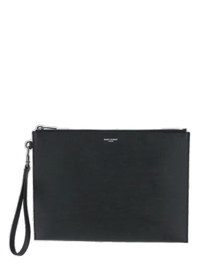 Saint Laurent Logo Printed Zip In Black