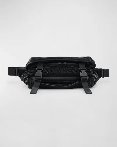 Saint Laurent Men's Logo Crossbody Bag In Silktech Canvas In Nero