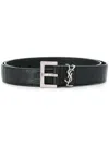 Saint Laurent Squared Buckle Smooth Leather Cassandre Thin Belt Accessories In Black