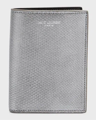 Saint Laurent Men's Metallic Leather Bifold Wallet In Silver-multi