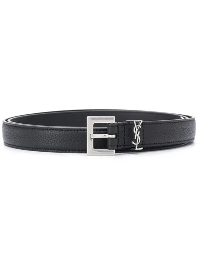Saint Laurent Men's Mini Silver-plated Adjustable Buckle Belt In Nero