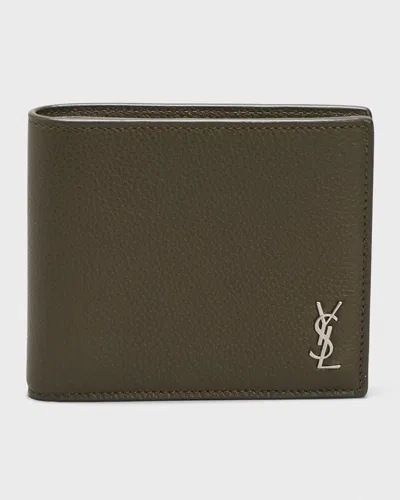 Saint Laurent Men's Monogram Plaque Leather Bifold Wallet In Khaki