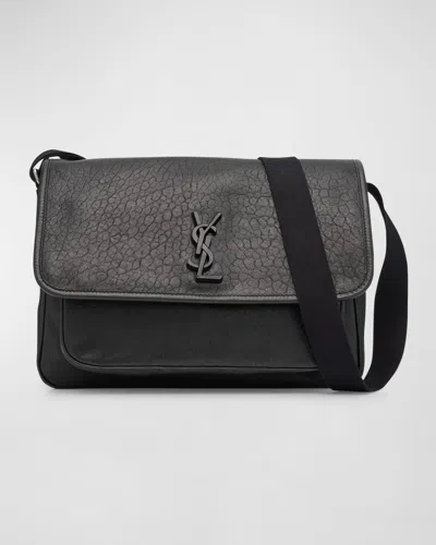 Saint Laurent Men's Niki Ysl Messenger Bag In Grained Leather In Nero