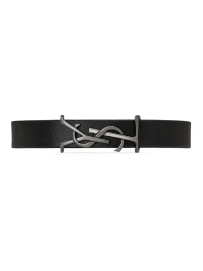 Saint Laurent Men's Opyum Bracelet In Smooth Leather And Metal In Nero