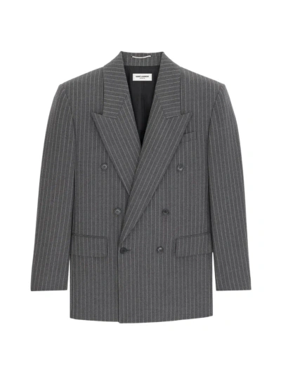 Saint Laurent Men's Oversized Jacket In Striped Wool Flannel In Gray