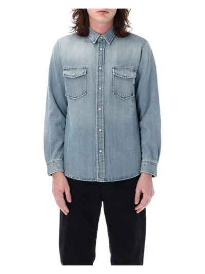 Saint Laurent Men's Oversized Snap-button Shirt In Blue