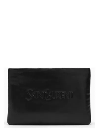 Saint Laurent Men's Padded Leather Clutch Bag With Logo