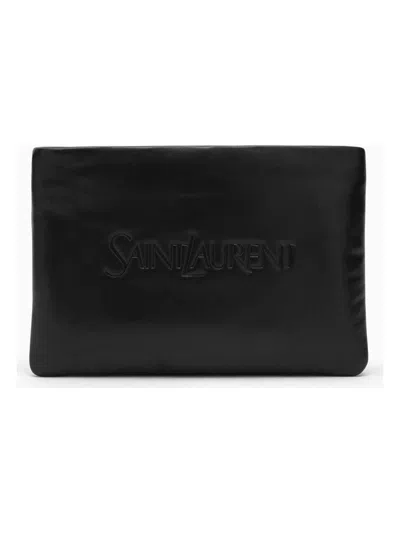 Saint Laurent Men's Padded Leather Clutch Bag With Logo In Black
