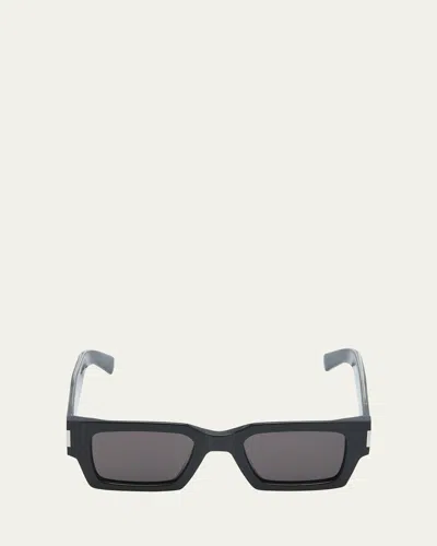 Saint Laurent Men's Rectangle Acetate Sunglasses With Logo In 001 Black