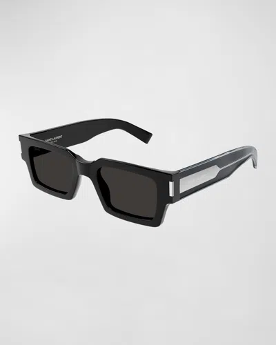 SAINT LAURENT MEN'S RECTANGLE ACETATE SUNGLASSES WITH LOGO