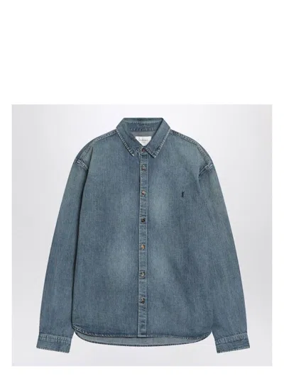 SAINT LAURENT MEN'S RELAXED FIT CASSANDRE DENIM SHIRT