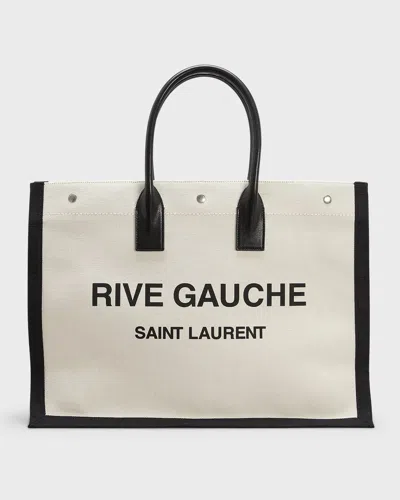 Saint Laurent Men's Rive Gauche Linen And Leather Tote Bag In Nero/beige
