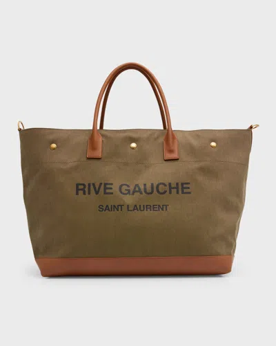 Saint Laurent Men's Rive Gauche Maxi Canvas And Leather Tote Bag In Kaki-brown