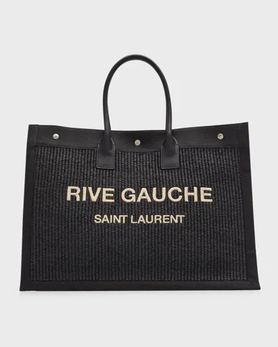 Saint Laurent Men's Rive Gauche Raffia Canvas Tote Bag In Black