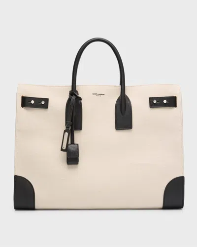 Saint Laurent Men's Sac De Jour Large Canvas And Leather Tote Bag In Multicolor