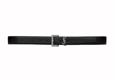 Pre-owned Saint Laurent Men's  Cassandre Belt In Grained Leather In Black
