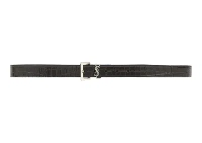 Pre-owned Saint Laurent Men's  Cassandre Matte Crocodile Embossed Belt In Black